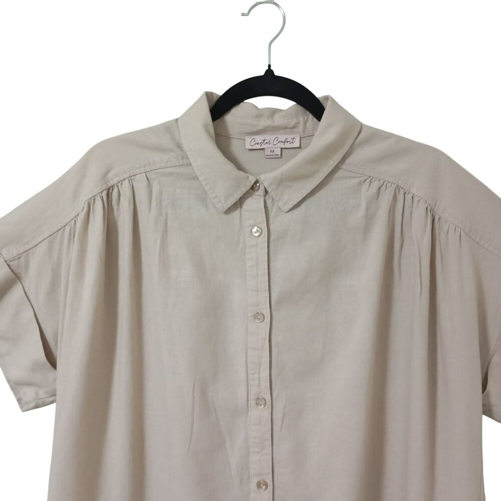 Coastal Comfort Shirt Dress Linen Blend Button-Up With Pockets Size M Beige - Picture 4 of 11